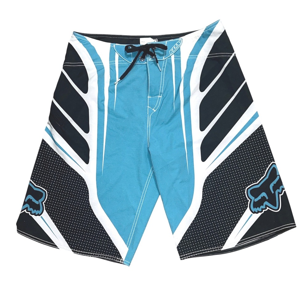 Fox Racing Mens Blue Black Graphic Board Shorts Swim Trunks Size 34 Logo Zip Fly